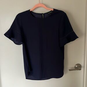 Club Monaco Ruffle Short Sleeve Navy Top